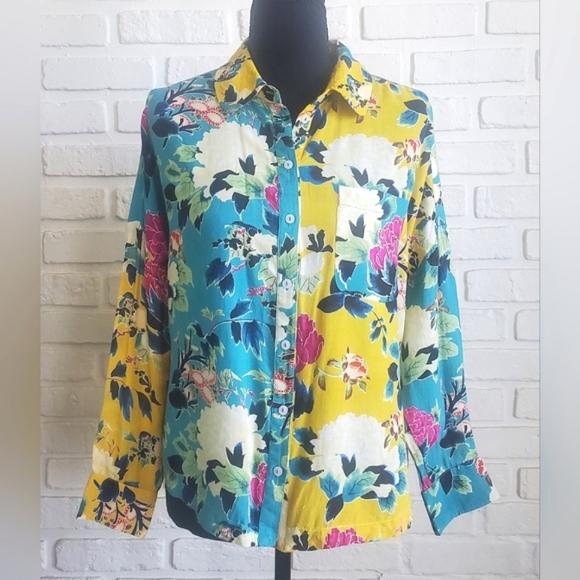 Anthropologie Tropical Floral Button Down Shirt Blouse Top Long Sleeves Size XSP - Picture 1 of 11